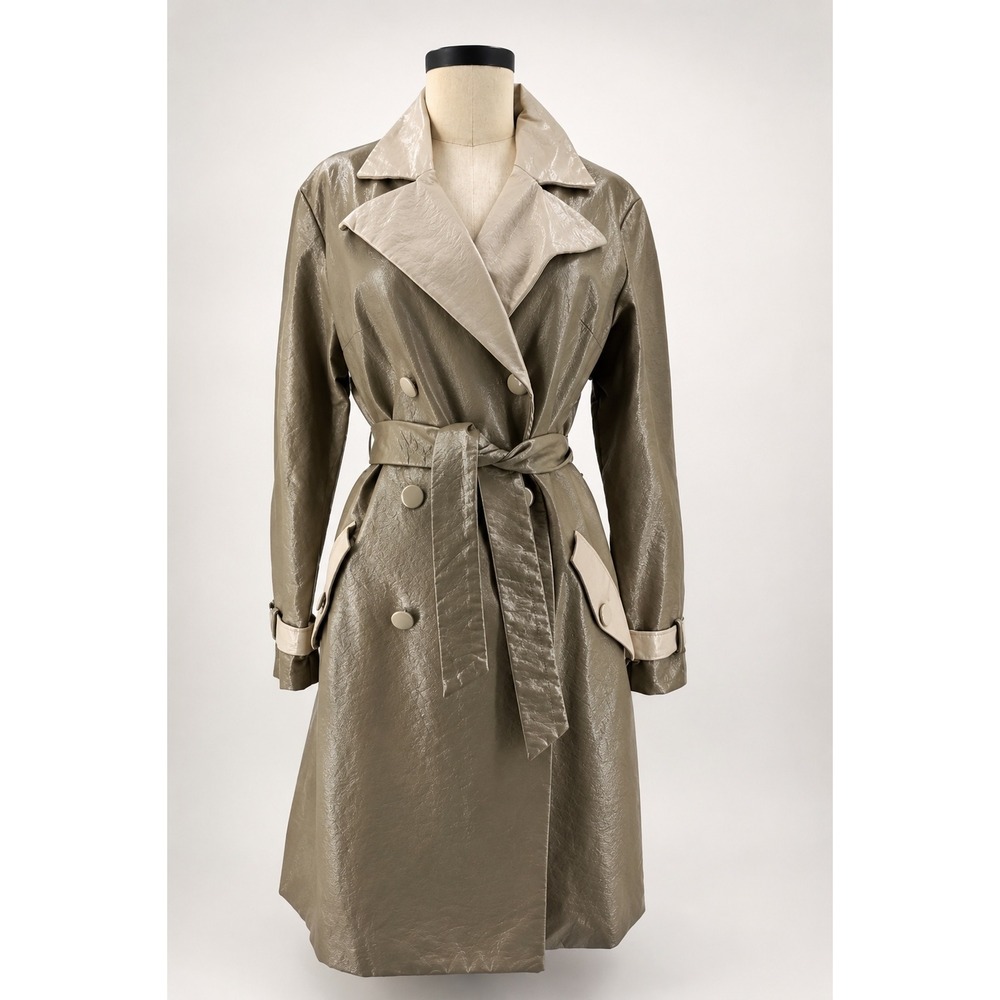 Hutch Trench Coat Women sz M Taupe Olive Crinkle Faux Leather Excellent Belted